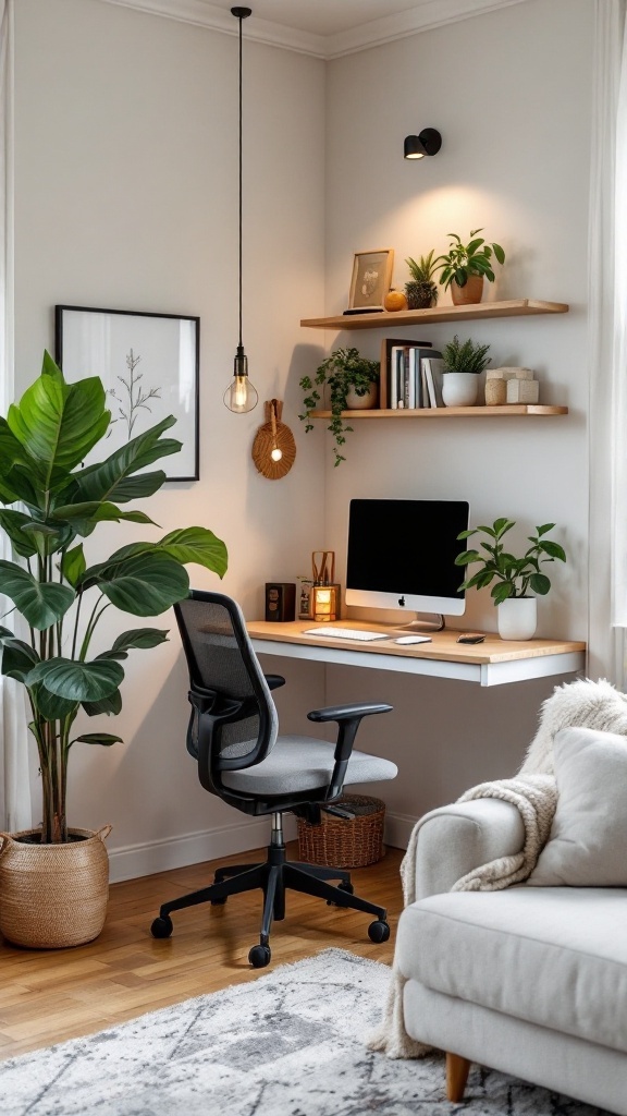 Cozy corner nook office setup in a living room with plants and shelves.
