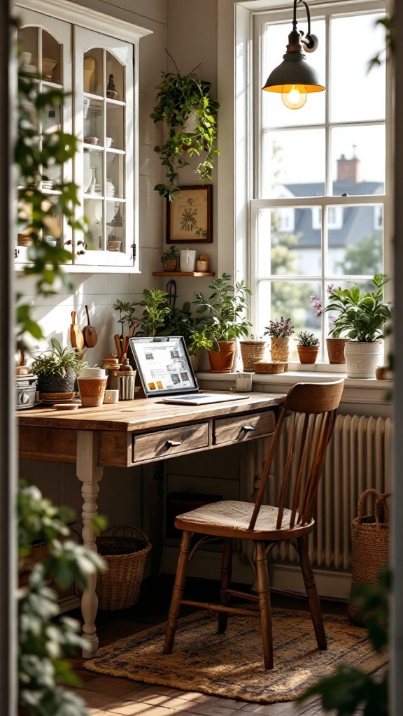 A cozy farmhouse kitchen office nook featuring a wooden desk, plants, and natural light.