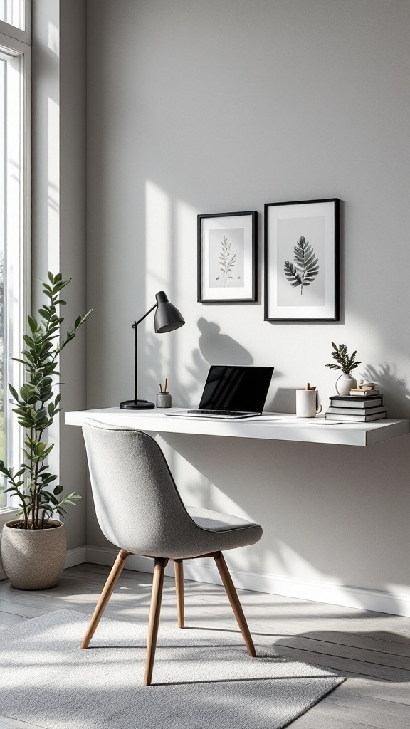 A minimalist floating desk setup with a laptop, plant, and chair in a bright office space.