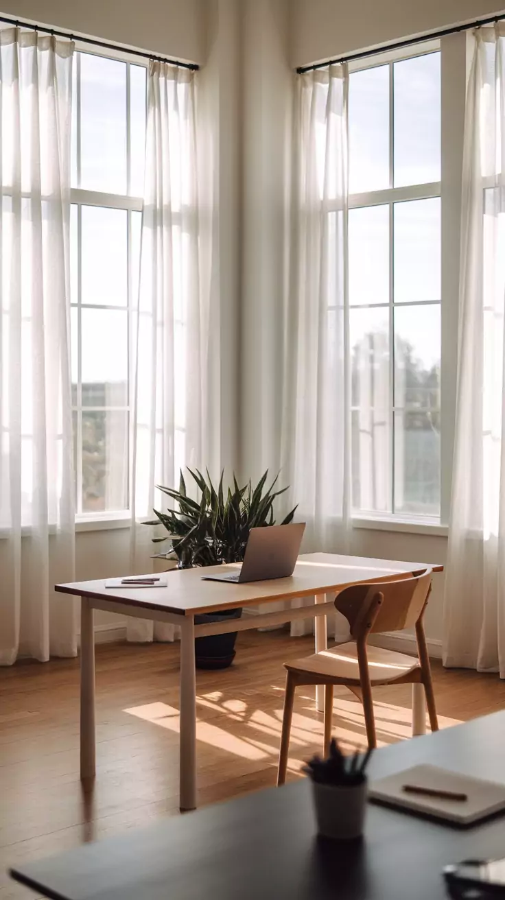 A bright and airy office space with large windows, sheer curtains, a wooden desk, and a plant, creating a calming environment.