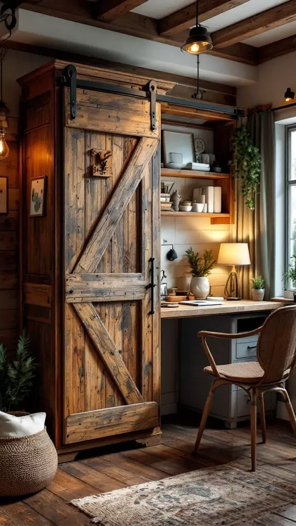 A cozy workspace featuring a sliding barn door cabinet in rustic wood.