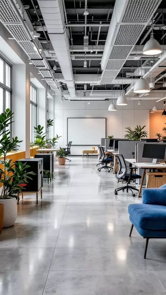 A spacious, modern open office layout featuring standing collaboration zones with plants and furniture.