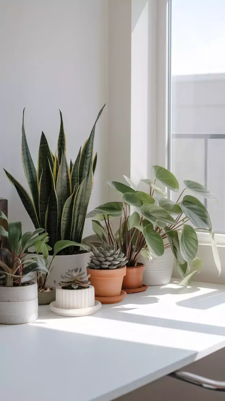 A collection of indoor plants on a bright desk, enhancing a calming office space.