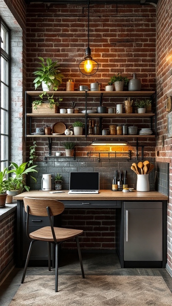 Cozy industrial kitchen office nook with a wooden desk, plants, and metal accents.