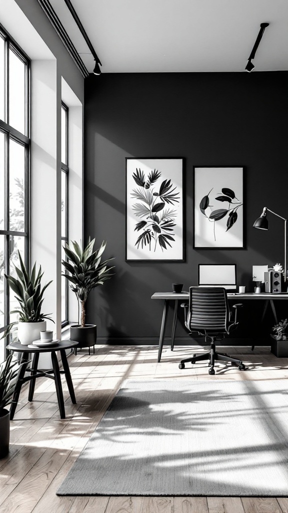 Monochrome office interior with black walls, plants, and modern furniture.