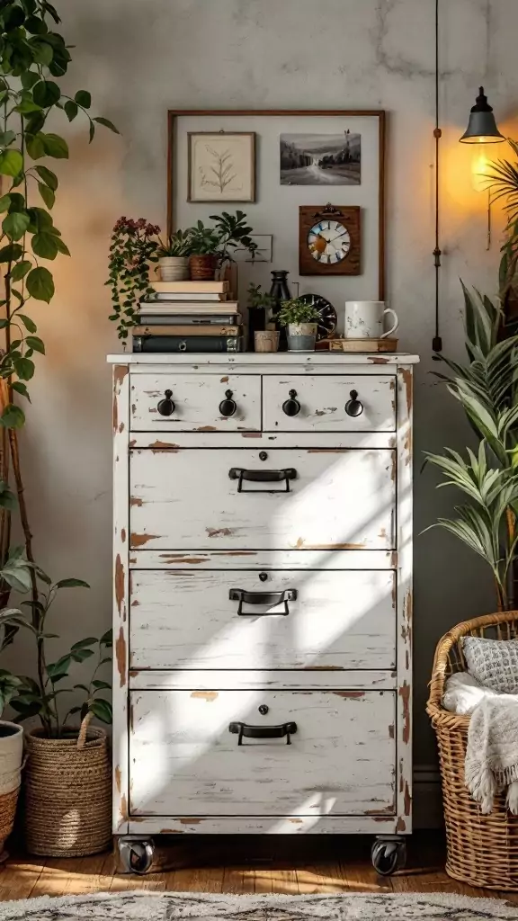 A vintage white filing cabinet with multiple drawers, surrounded by plants and decor items, adding a rustic touch to a workspace.