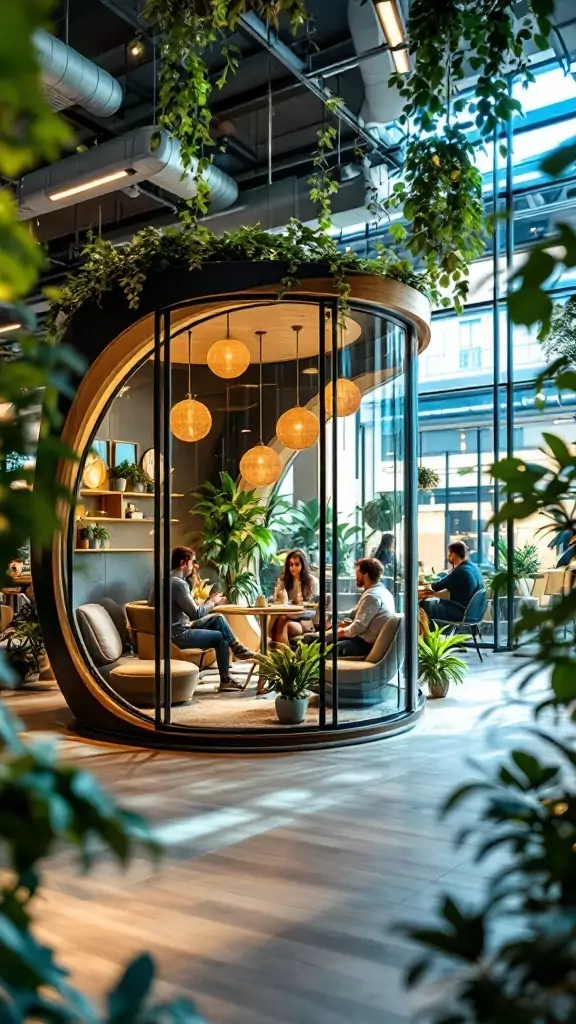 A modern co-working pod in an open office, featuring comfortable seating and plants.