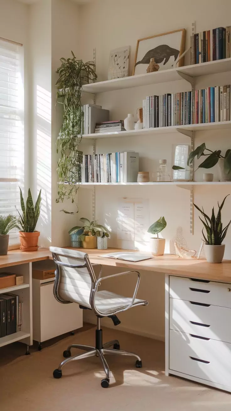 Image of a decluttered office shelving with plants, books, and minimalist decor.