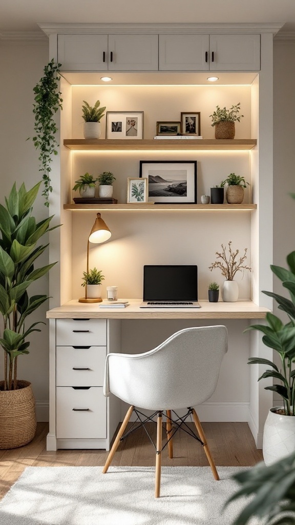 A cozy fold-out wall desk nook with shelves and plants.