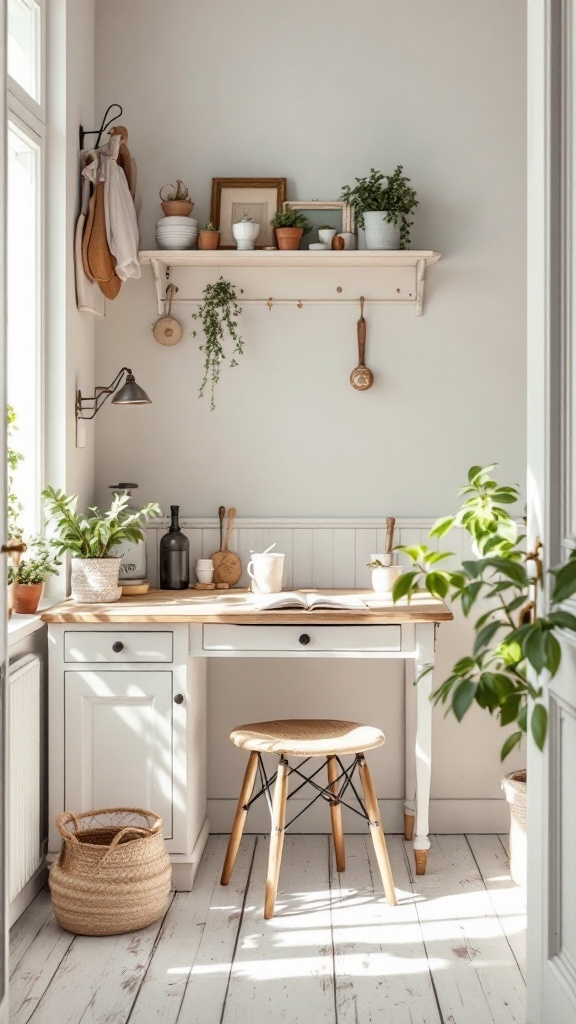 Cozy French country kitchen office nook with a desk and plants.