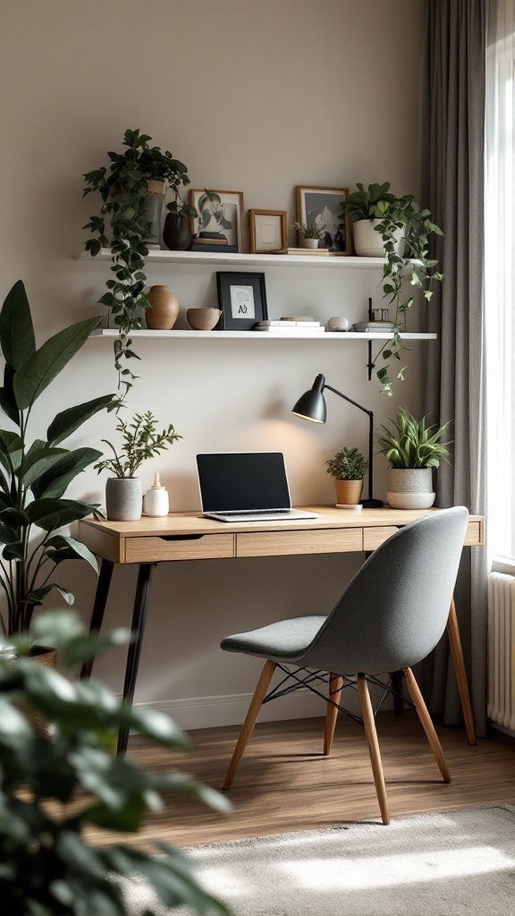 A stylish office setup featuring a secretary desk with plants and decor in a compact living room.