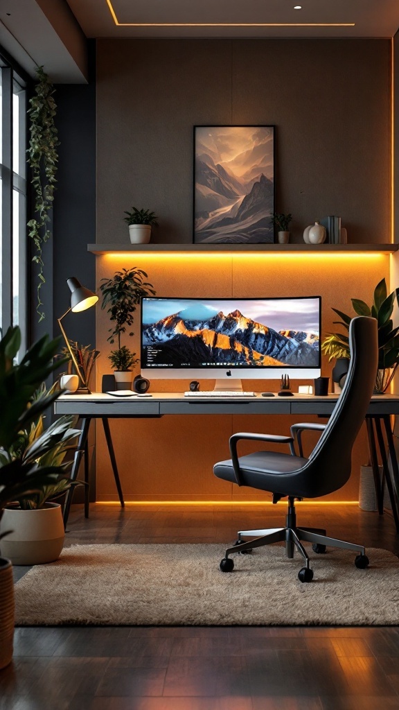 A beautifully designed home office with natural elements and modern decor.
