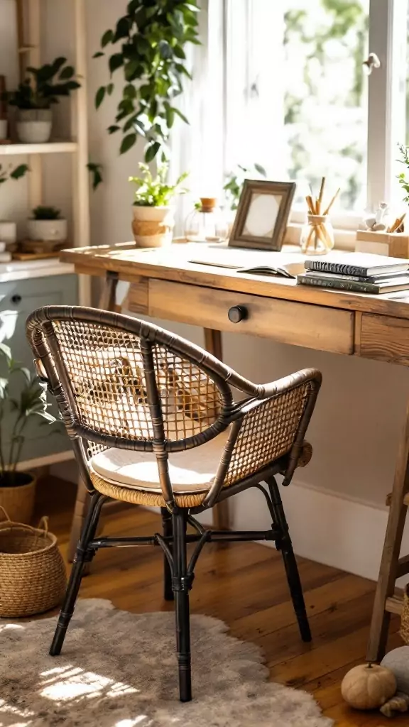 A cozy workspace featuring a wicker desk chair next to a wooden desk and plants.