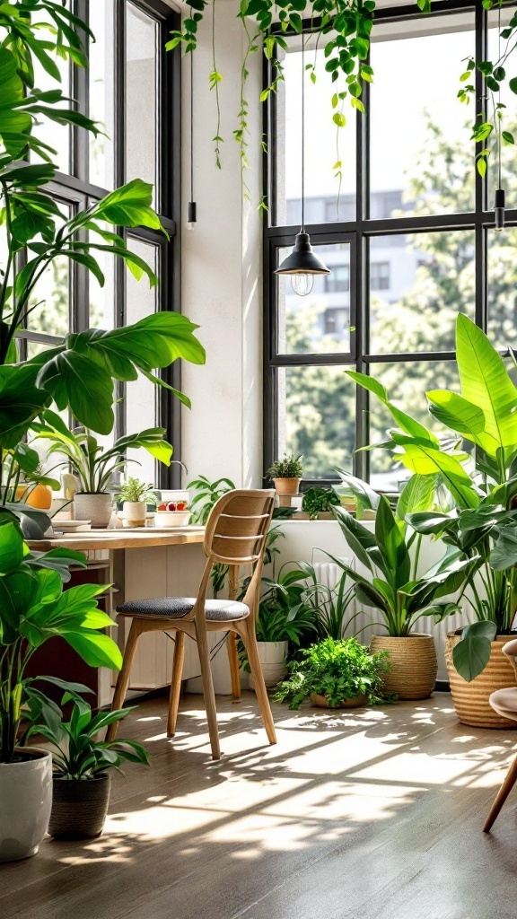 A bright office space filled with various indoor plants, a wooden table, and a chair, showcasing biophilic design.