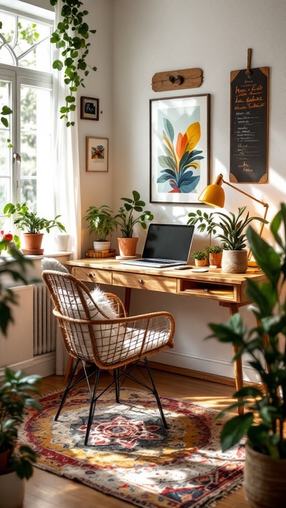 Cozy boho chic office nook with rattan chair and plants
