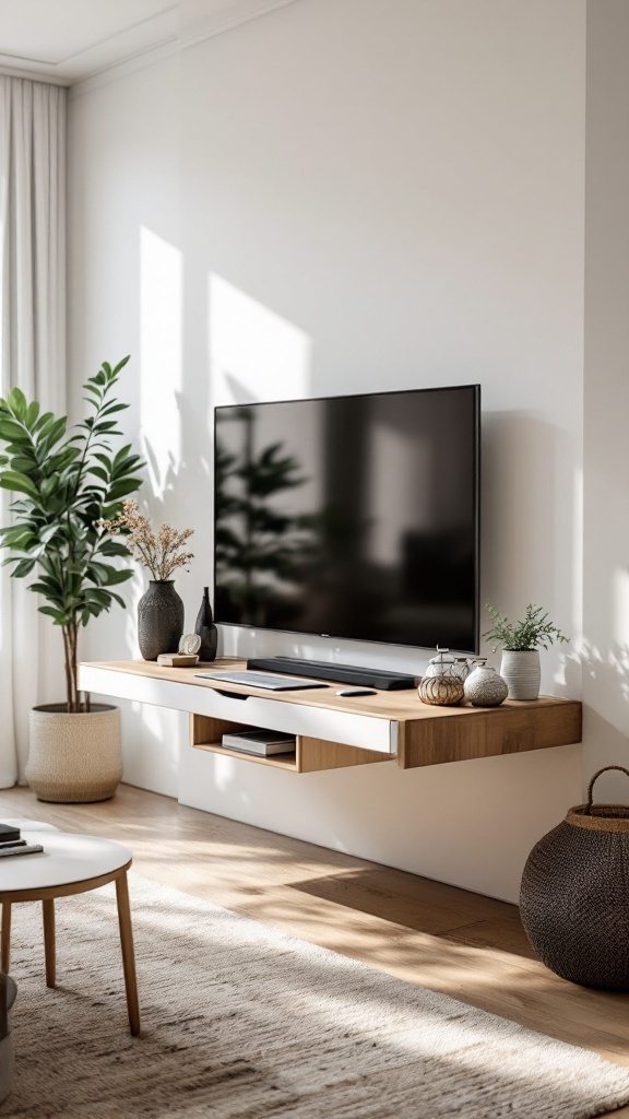 A media console with a television and decorative plants, ideal for a living room office combo.