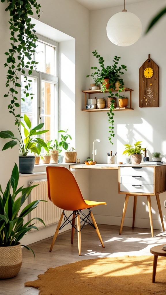 A bright mid-century modern kitchen office nook with plants, a desk, and a cozy atmosphere.