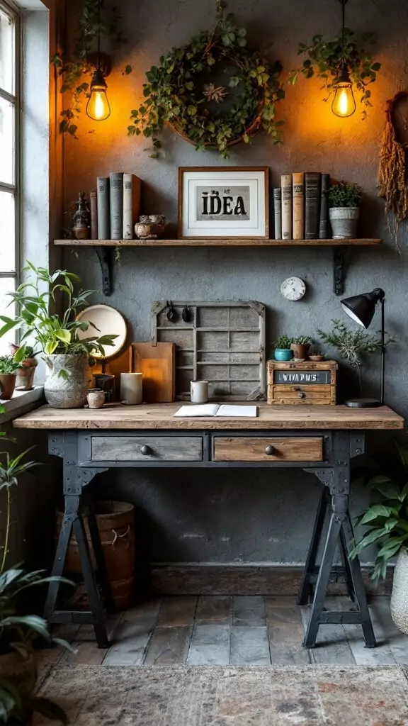 A rustic writing desk with metal accents, surrounded by plants and warm lighting in a cozy workspace.