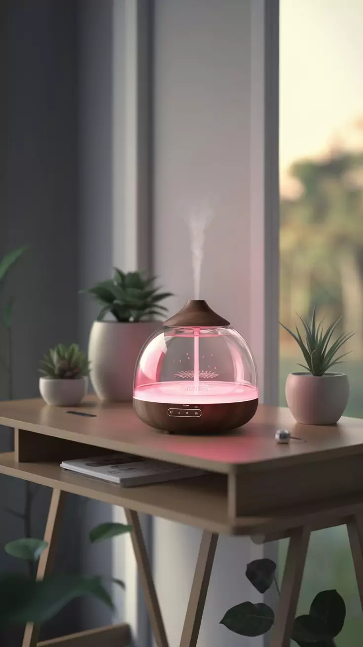 Aromatherapy diffuser on a desk with plants in a Zen office space