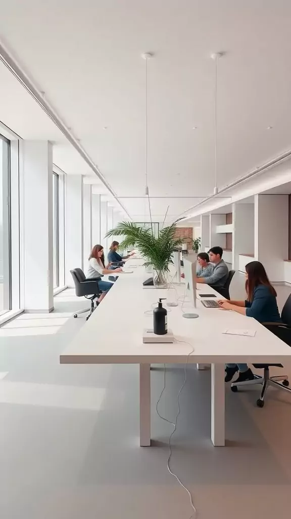 A modern office with bench-style desks and employees collaborating.