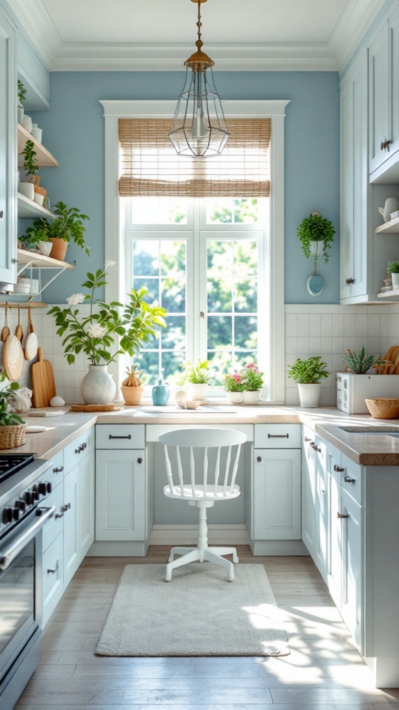 A bright coastal kitchen office nook with plants, a desk, and a sunny window.