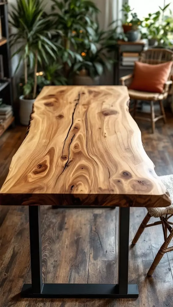 A live edge wood table showcasing natural wood grain and a simple black metal base.