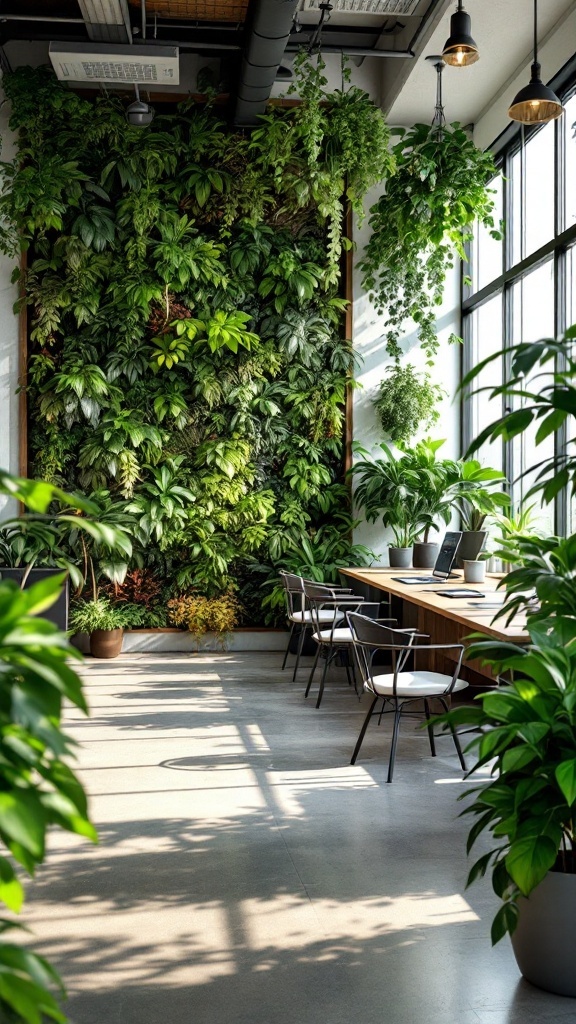 A vibrant living plant wall in an office space with sunlight filtering through windows.