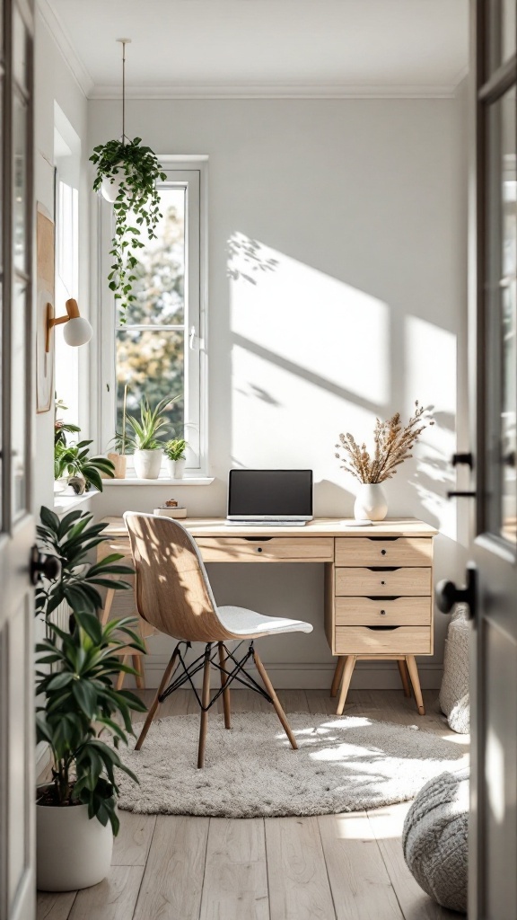 Cozy Scandi minimalist home office nook with light wood and white decor, featuring a desk and plants.