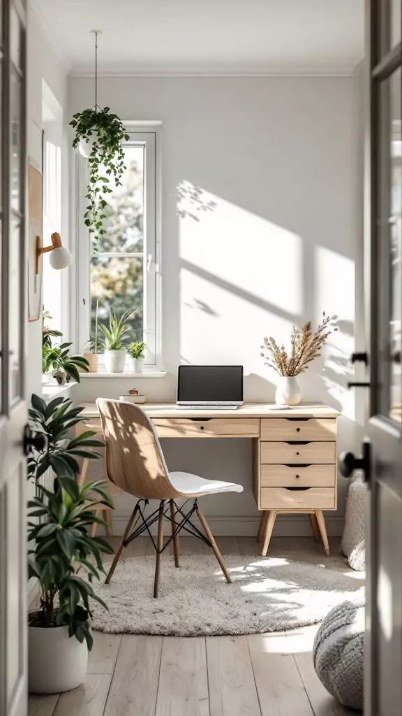 Cozy Scandi minimalist home office nook with light wood and white decor, featuring a desk and plants.