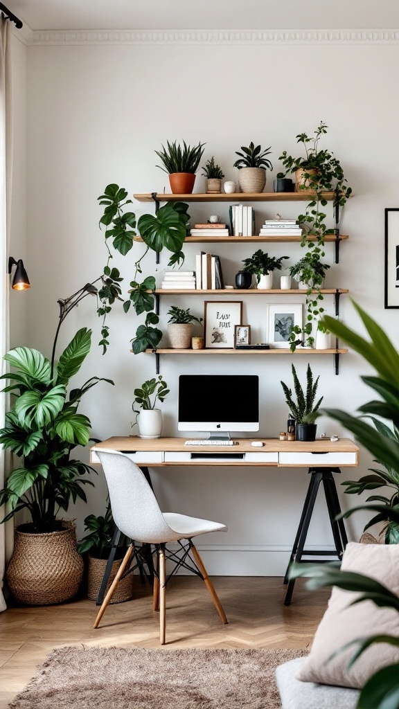 A stylish home office setup featuring a desk and ladder shelves with plants and decorations.