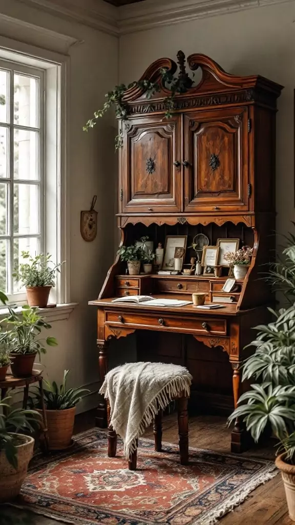 A cozy workspace featuring an antique secretary desk surrounded by plants and vintage decor