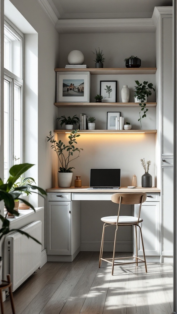 A contemporary kitchen office nook with a desk, chair, and decorative shelves.