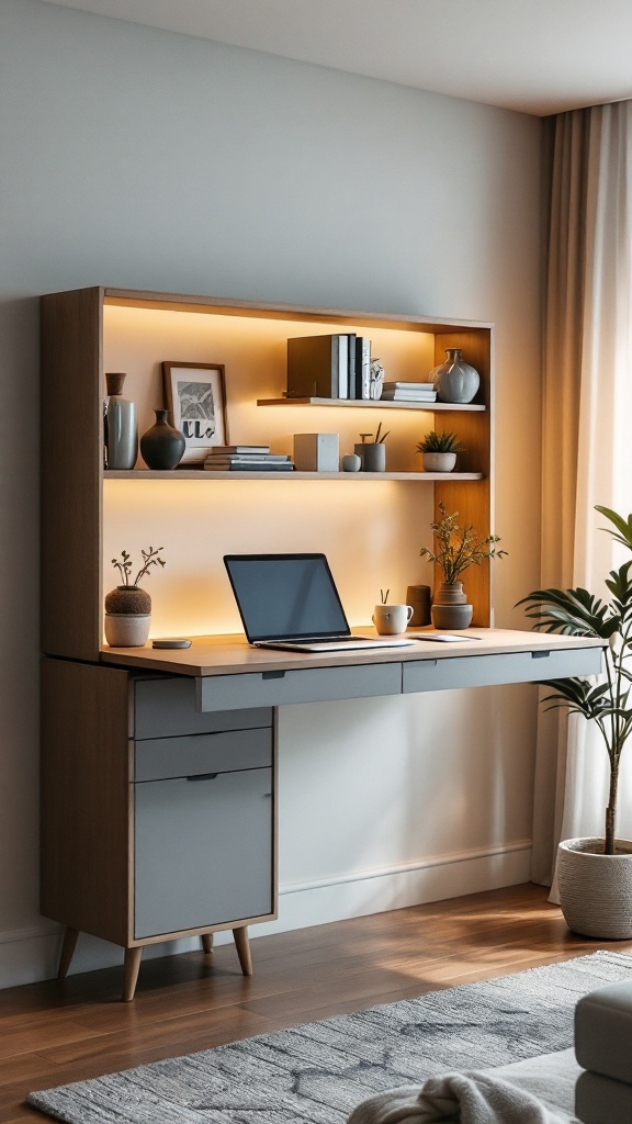 A modern drop-down wall desk with shelves, plants, and a laptop in a cozy living room.