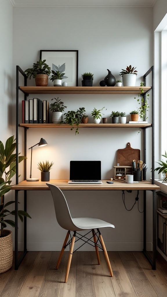 Cozy industrial-inspired home office nook with metal shelving and plants.