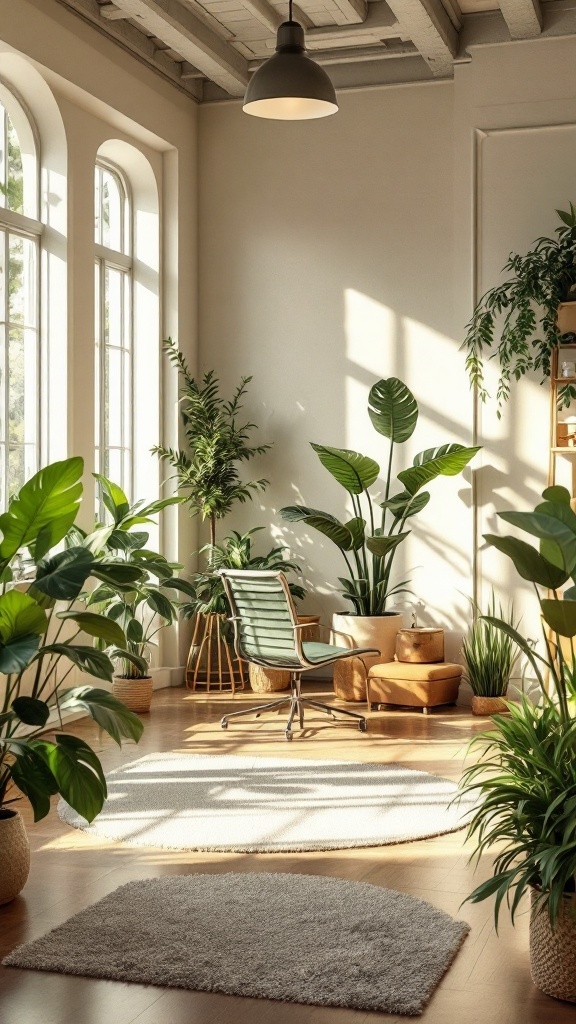 A bright home office filled with plants, featuring a green chair and natural decor.