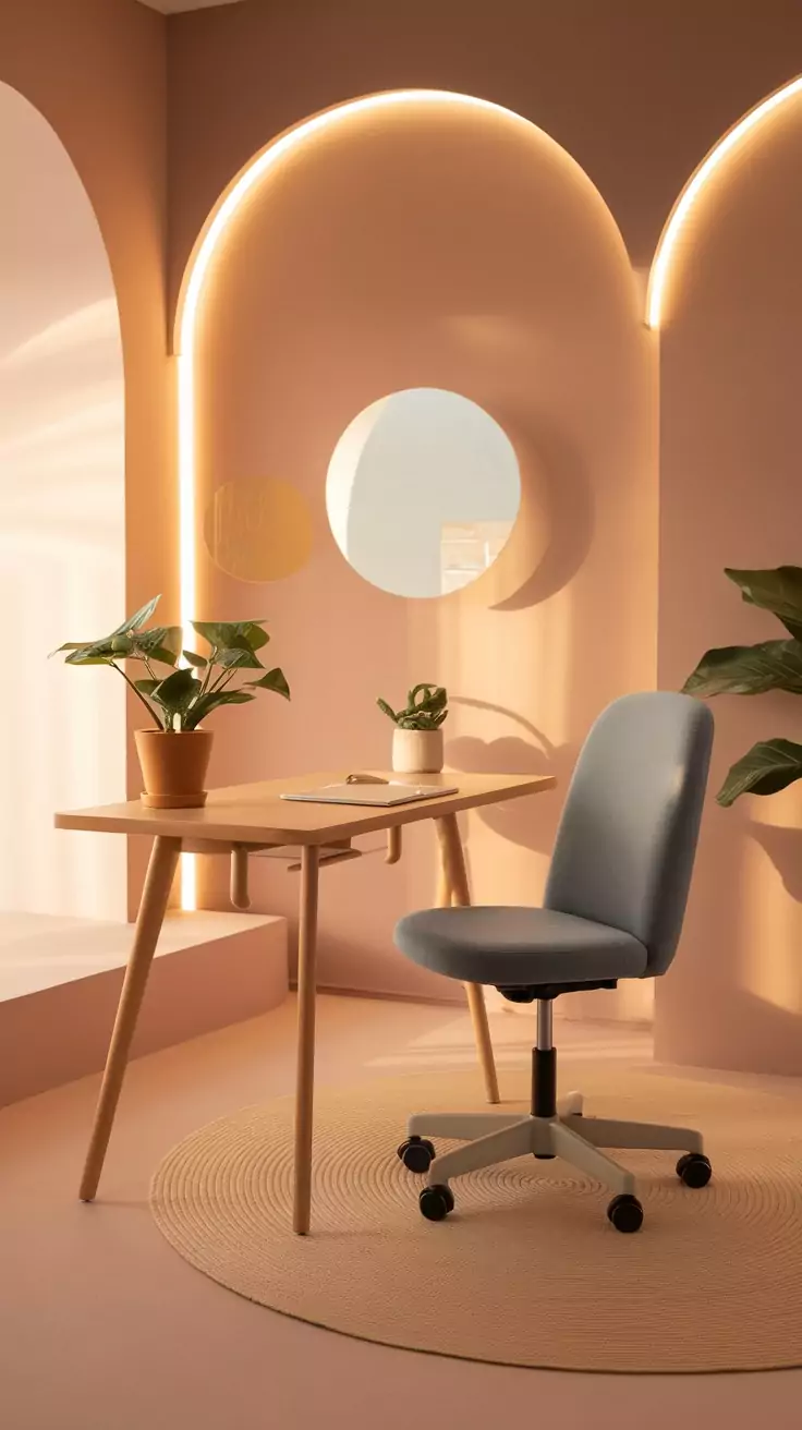 A minimalist office space with soft, warm lighting, a desk, and plants.