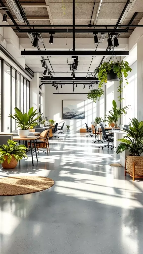 Bright and airy open office space with zoned workstations and plants.