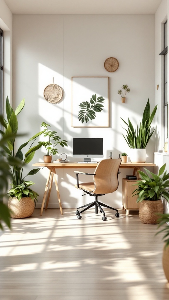 A bright office space featuring bamboo furniture and a variety of indoor plants.