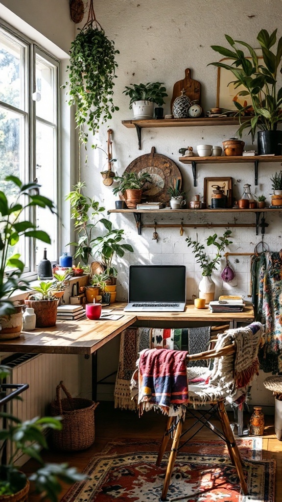 A bohemian kitchen office nook featuring a wooden desk, plants, and colorful decor.