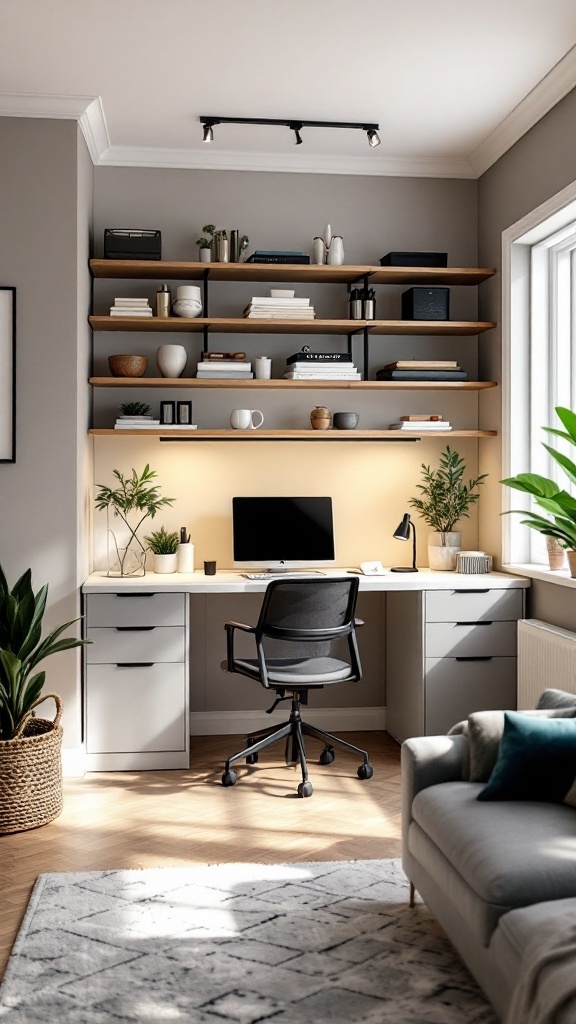 A cozy office space created from a closet in a living room, featuring a desk, shelves, and plants.