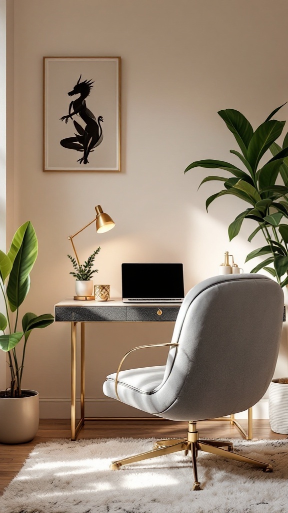 Stylish home office nook featuring a velvet chair, gold accents, and plants