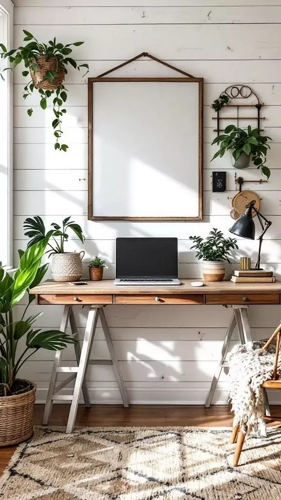 Workspace with shiplap accent wall and rustic decor elements.