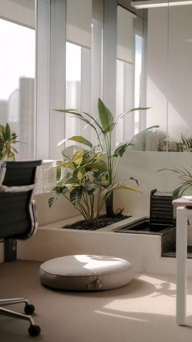 A serene meditation corner with a cushion and indoor plants in a modern office.