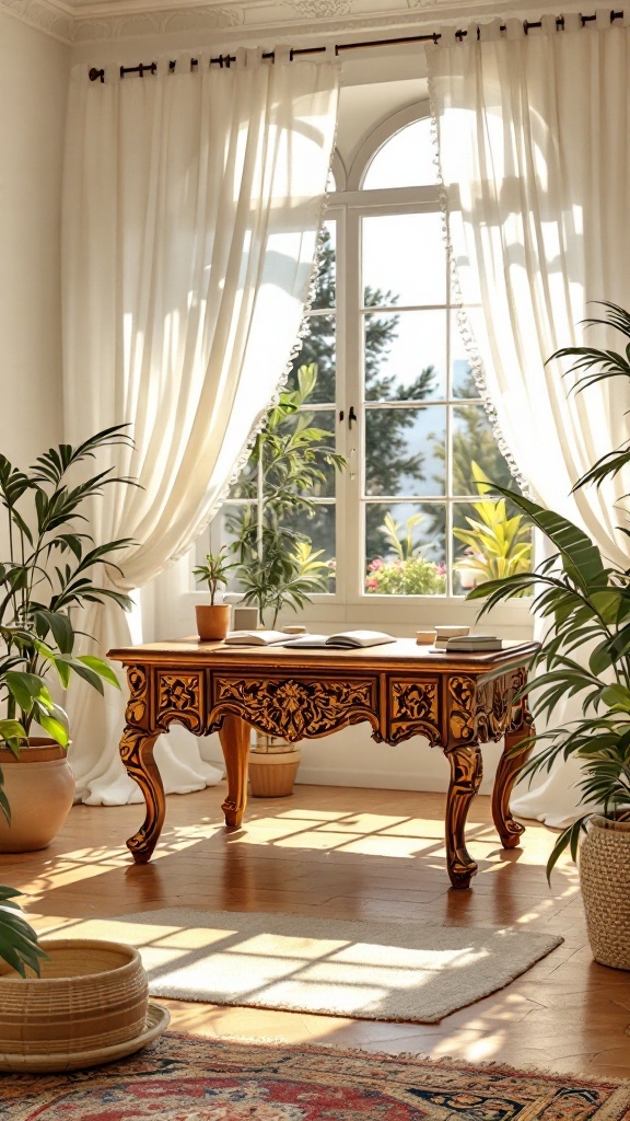 A beautifully carved wooden desk in a bright room with plants and natural light.