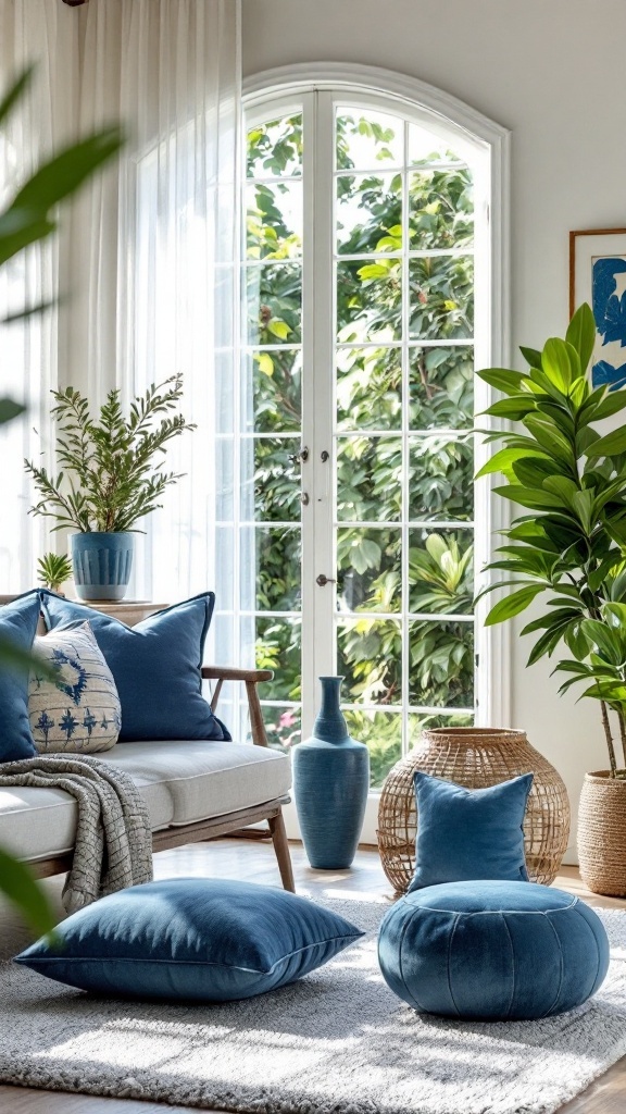 A cozy Mediterranean-style office with blue accents, featuring cushions and vases.