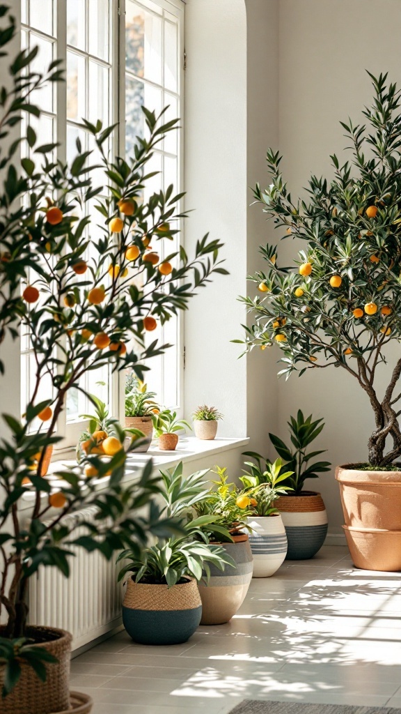 A bright and airy Mediterranean office space with potted olive and citrus trees, surrounded by natural light.