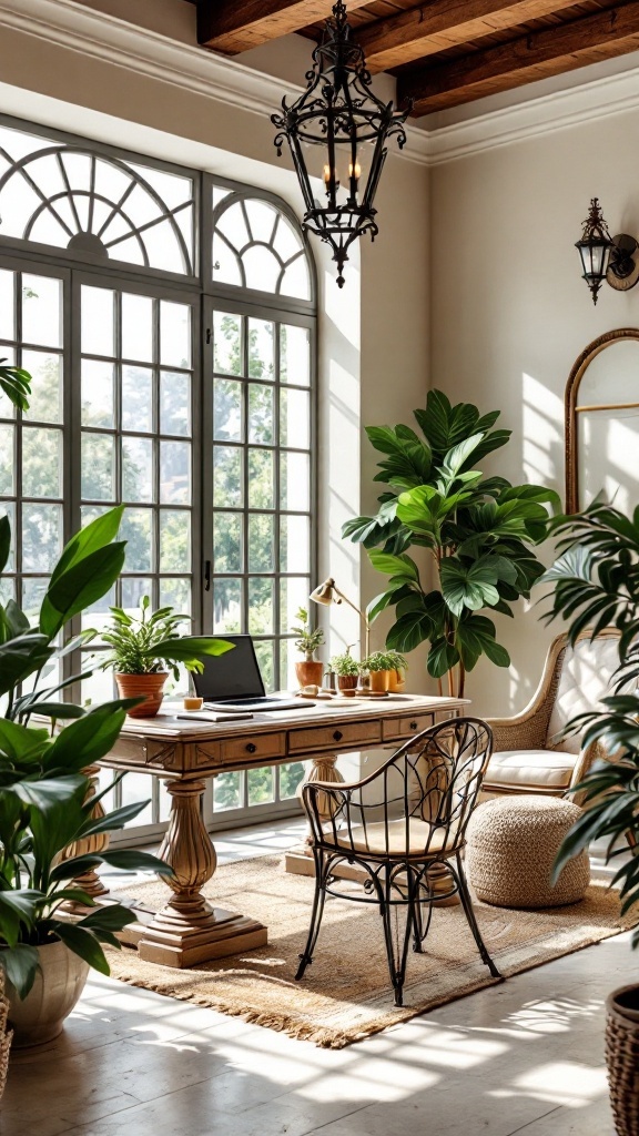 A Mediterranean office featuring wrought iron details, plants, and natural light.