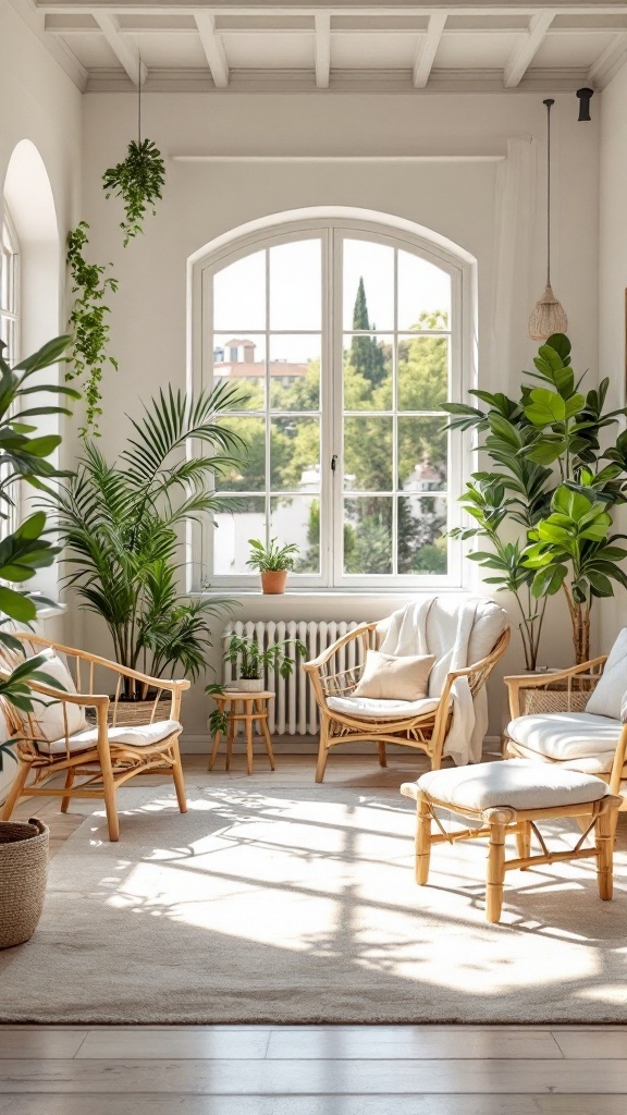 Natural wood furniture in a bright Mediterranean office with plants.