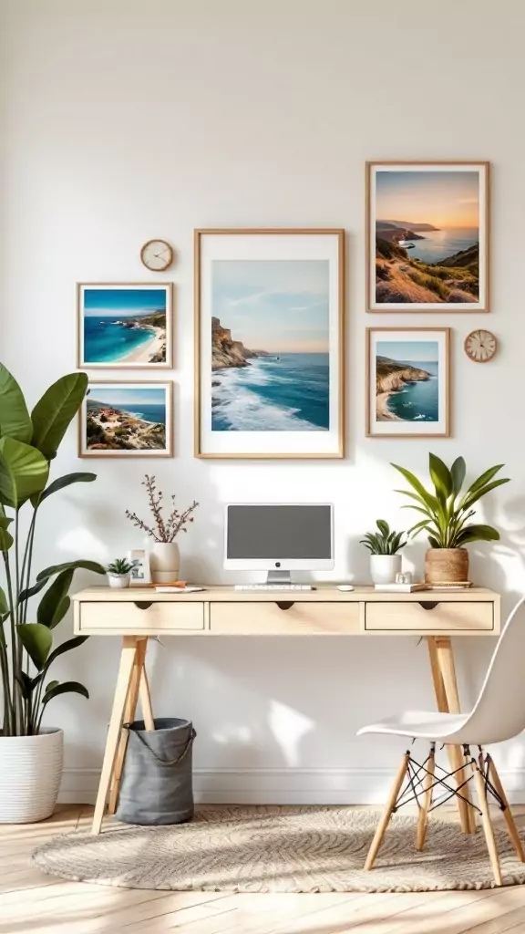 A stylish Mediterranean office with wooden desk, plants, and coastal prints on the wall.