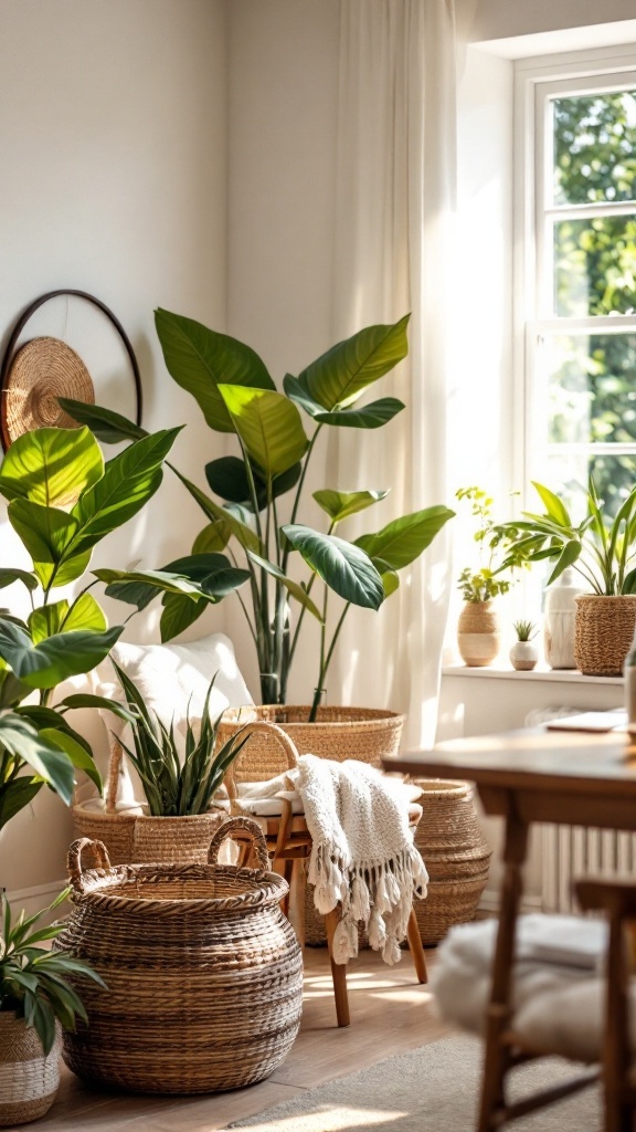 A cozy Mediterranean office with woven baskets and plants